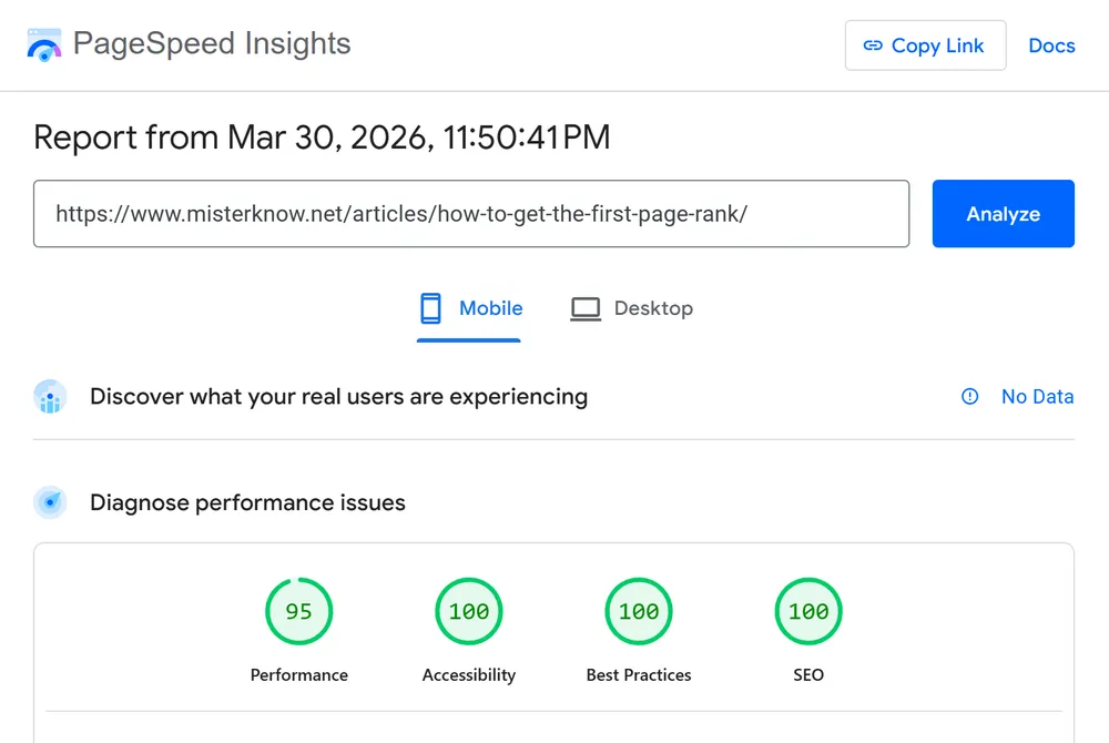 กราฟแสดงผลทดสอบความเร็วเว็บไซต์และคะแนน Core Web Vitals สำหรับการทำเว็บไซต์ติดหน้าแรก