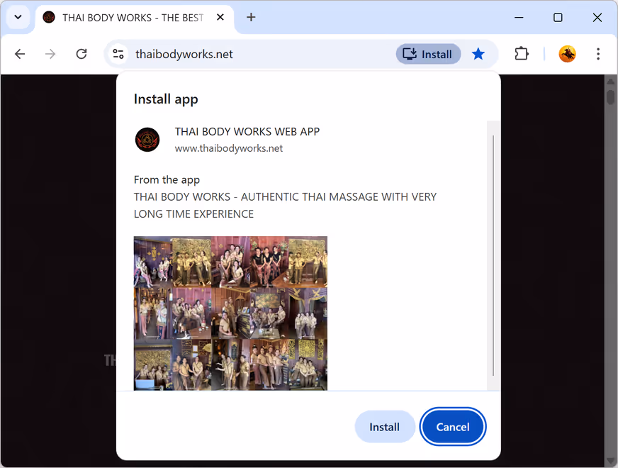 The PWA installation prompt appears when clicking the "Install" button in the browser address bar.